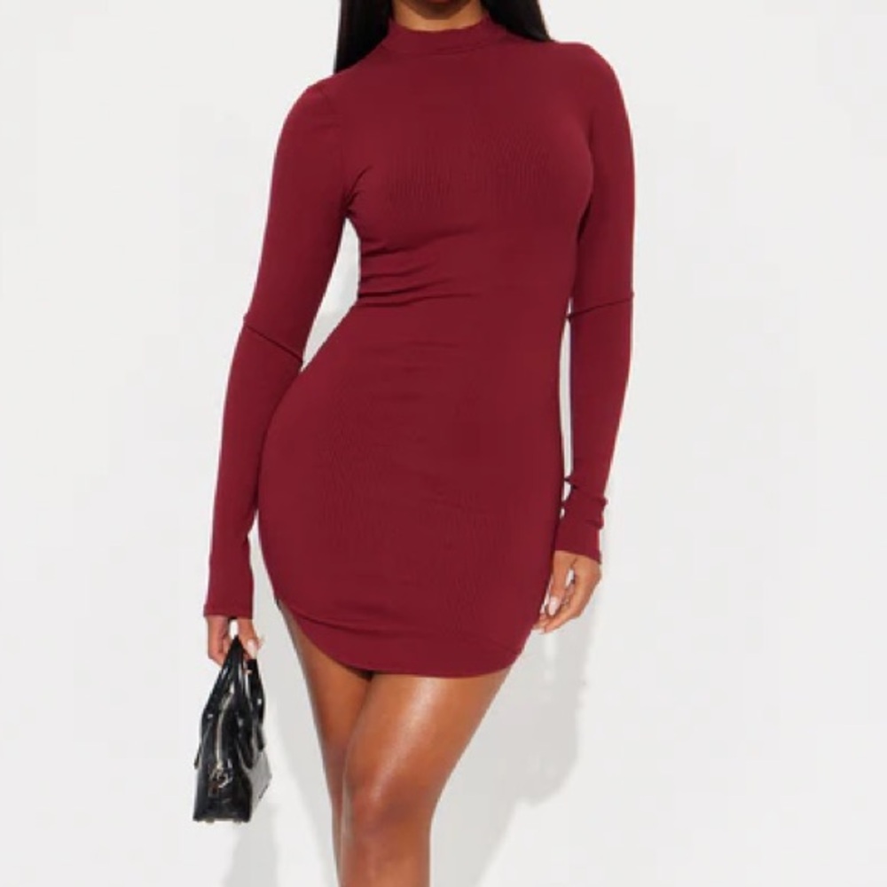 Mock Neck Burgundy Long Sleeve Dress